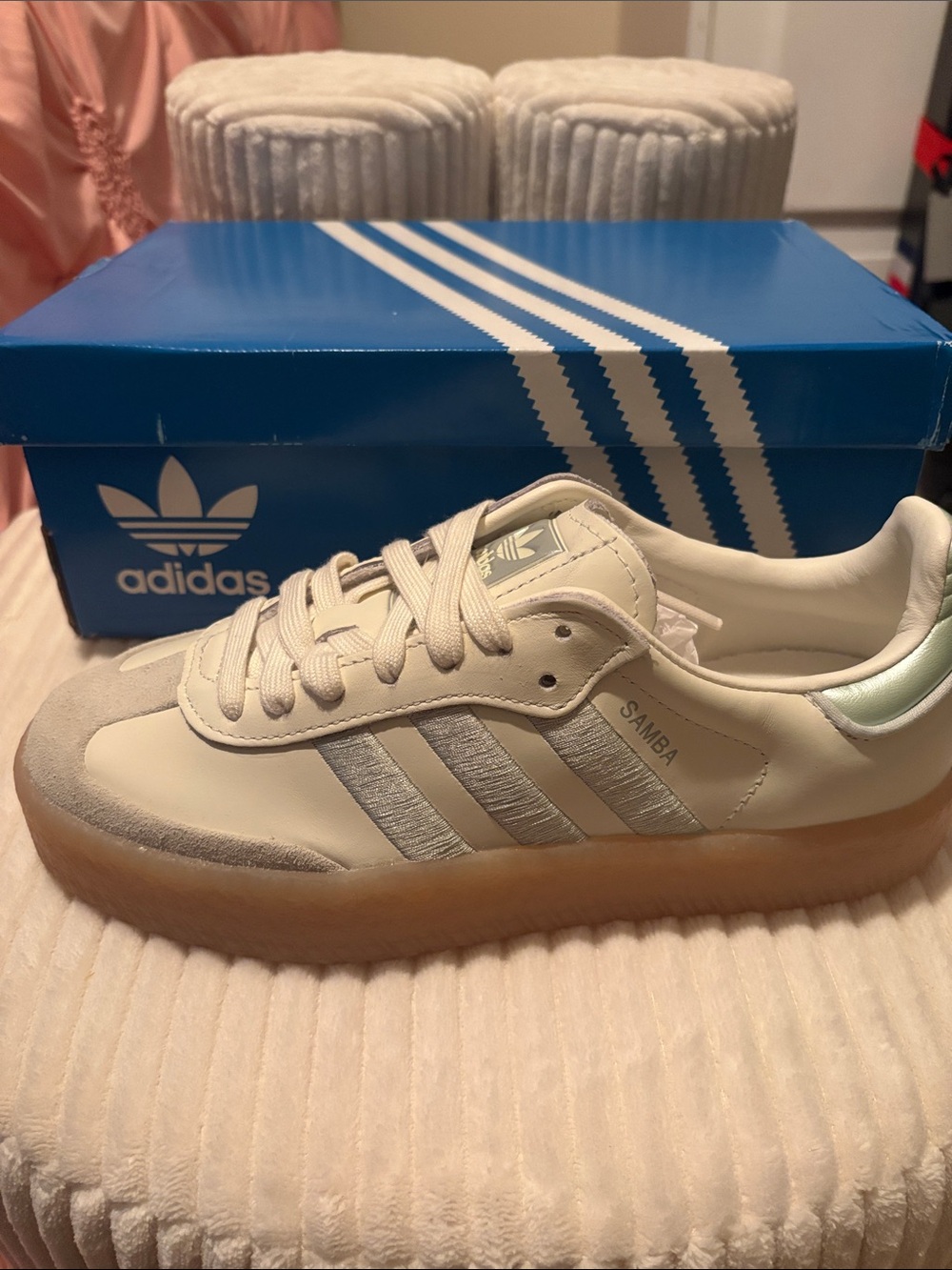 adidas Samba Platform Sneakers - Cream and Silver with Gum Sole